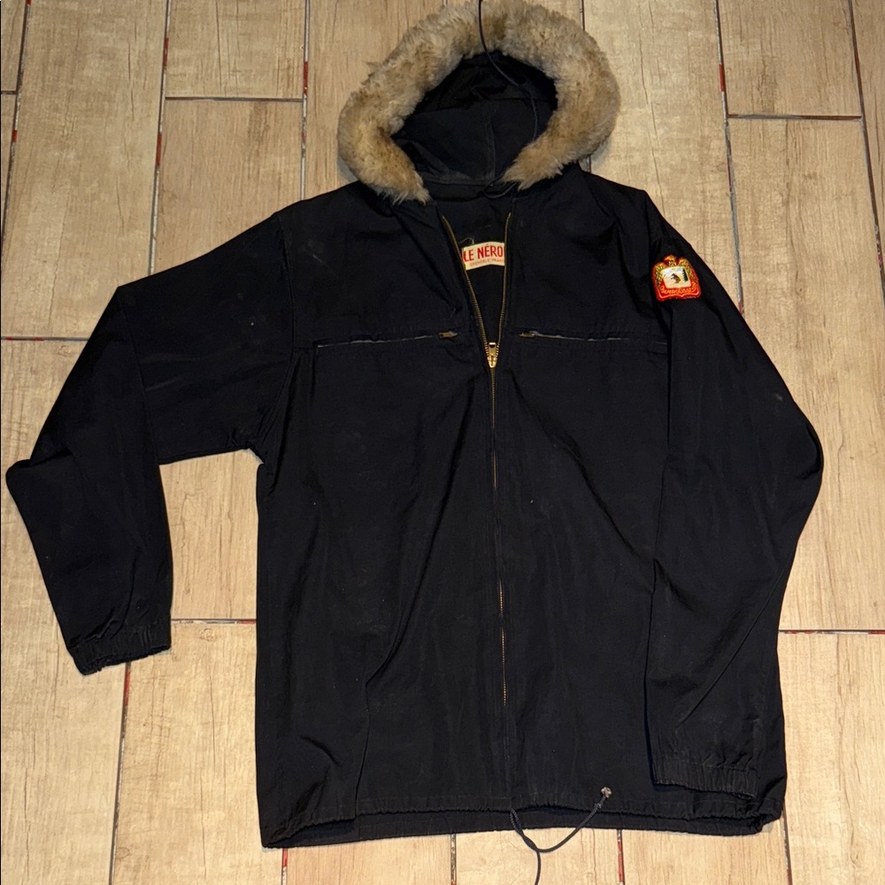 1950s french alps Chamrousse Men's Black Hooded Field Jacket Faux Fur Trim 50s